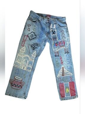 Vintage Plugg Jeans Mens 38x32 Embroidered Peru Llama Flag Folk Art Denim Y2K